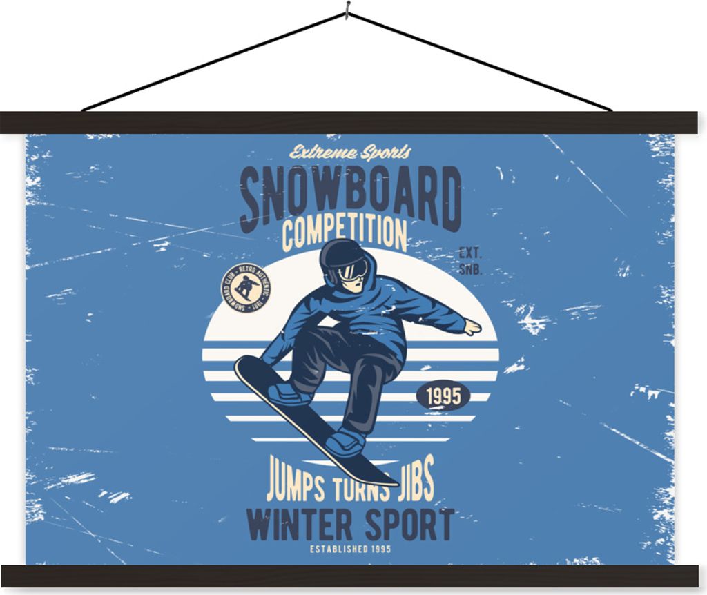 MuchoWow Textilposter Snowboard - Mann - Vintage 60x40 cm mit schwarzem Rahmen - Hölzernes