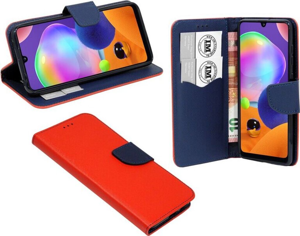Buch Tasche "Fancy" SAMSUNG GALAXY A31 (A315F) Handy Hülle Schutzhülle mit Standfunktion, Kartenfach Rot-Blau