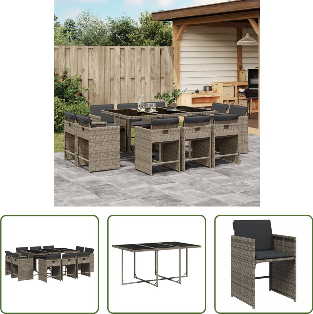 The Living Store 11-tlg. Garten-Essgruppe mit Kissen Grau Poly Rattan