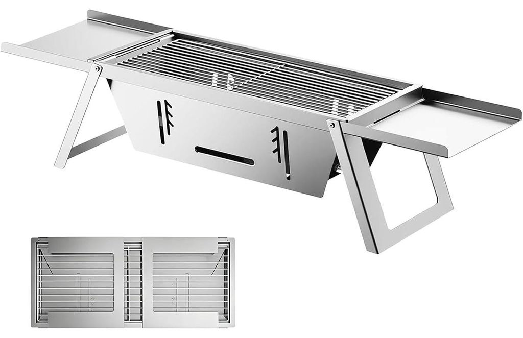 Zusammenklappbarer kleiner Holzkohlegrill aus Edelstahl, tragbarer Campinggrill für Picknick und Grillabende