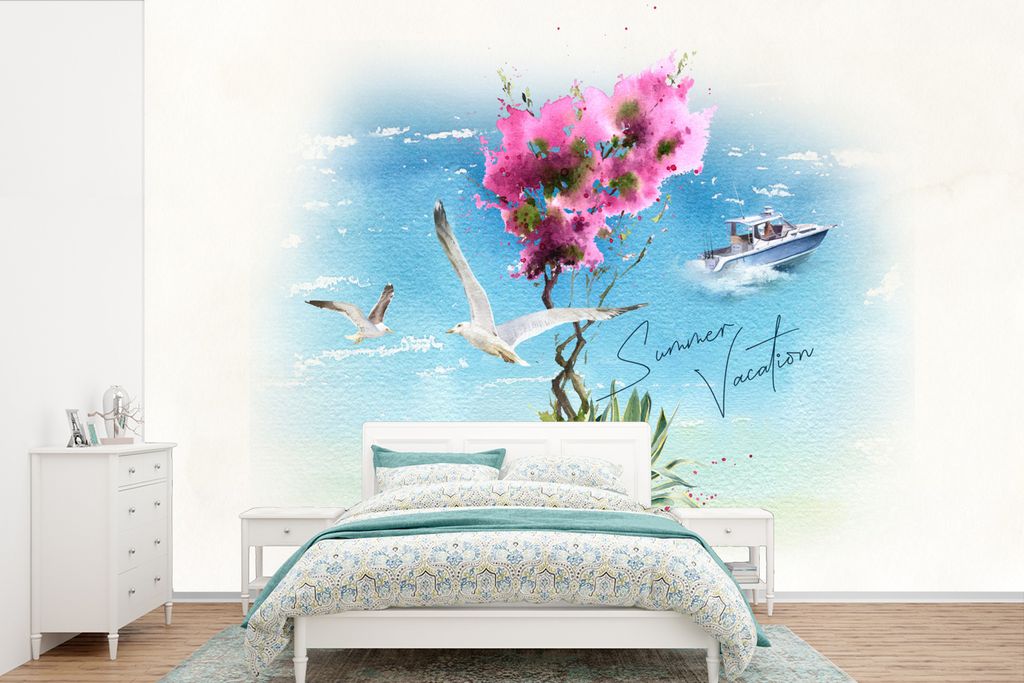MuchoWow Fototapete für Wohnzimmer oder Schlafzimmer Wandtapete Vinyl Motivtapete Blume - Boot - Aquarell - 450x300 cm - Gemusterte