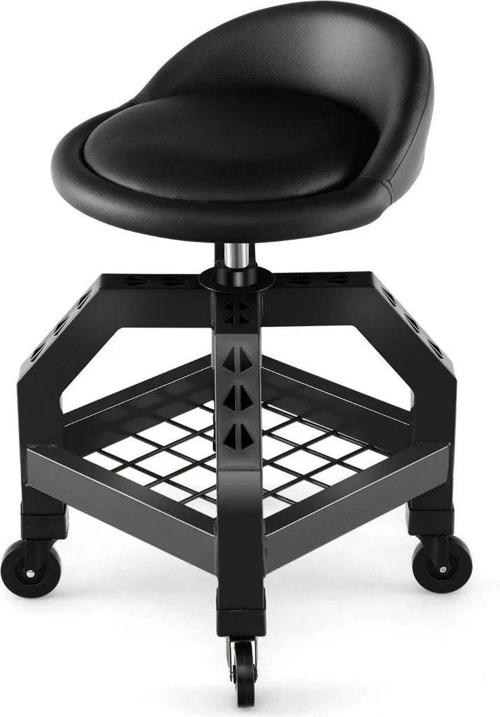 Chaise d'atelier à roulettes avec porte-outils et assise réglable noire
