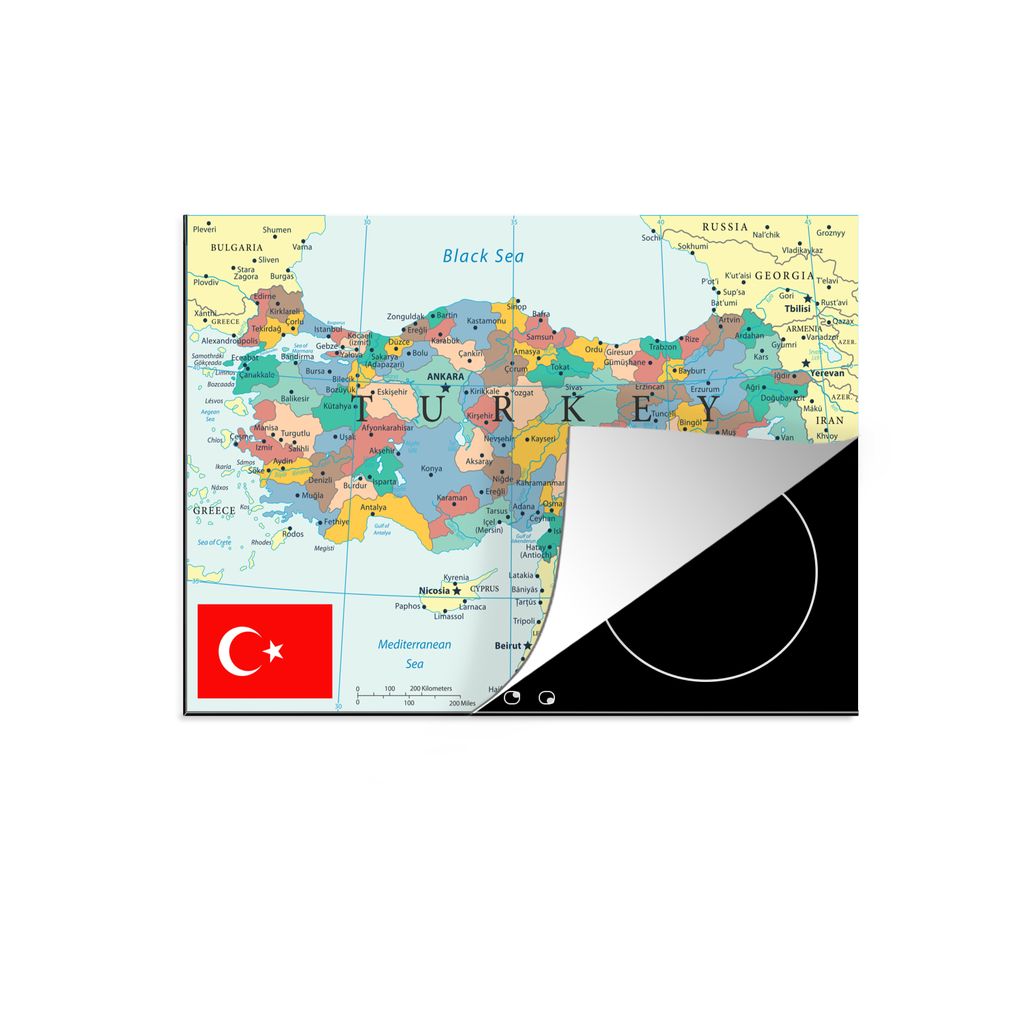 KitchenYeah Herdabdeckplatte Kolorierte Landkarte der Türkei mit der Flagge , 77x59cm, Küche Deko, Glaskeramikkochfeld Herdabdeckung, Abdeckpla...