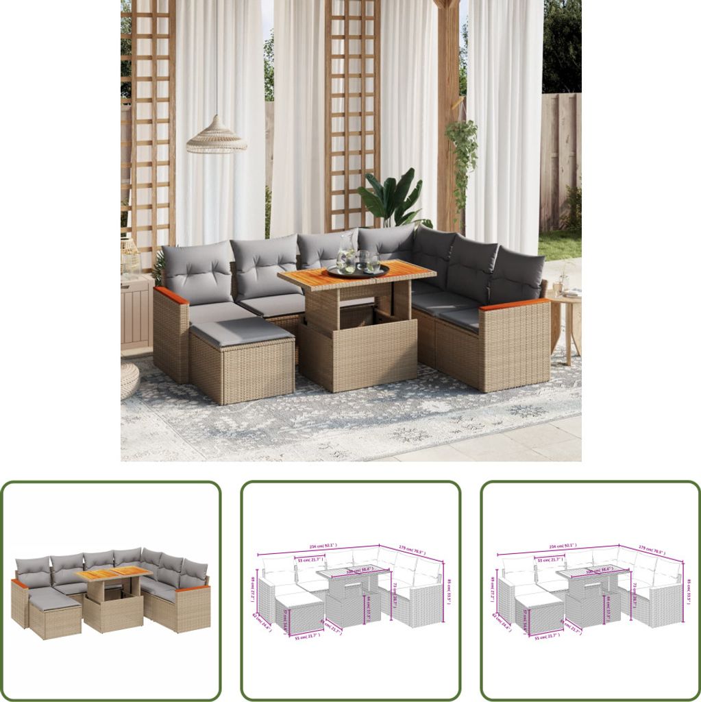 The Living Store 8-tlg. Garten-Sofagarnitur mit Kissen Beige Poly Rattan