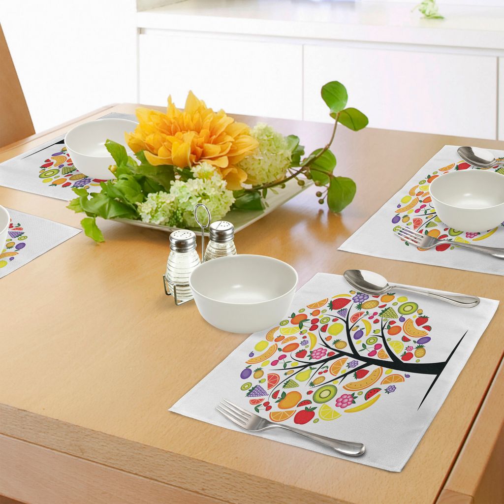 ABAKUHAUS Obst Platzmatten, Buntes Obstbaum-Schattenbild mit Einer Vielzahl der vegetarischen Wahl-Bananen-Orange, Tiscjdeco aus Farbfesten Stoff f...