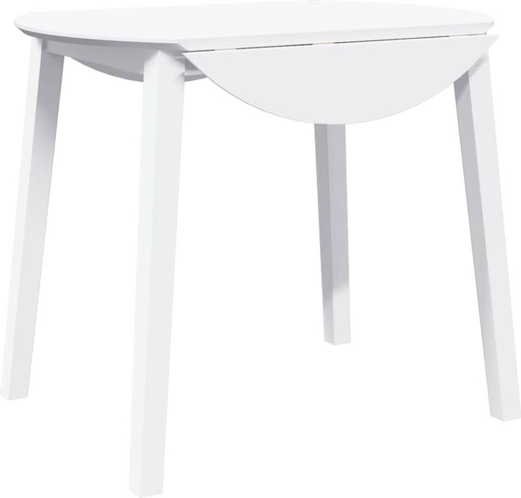 A white dining table with drop-leaf extensions.