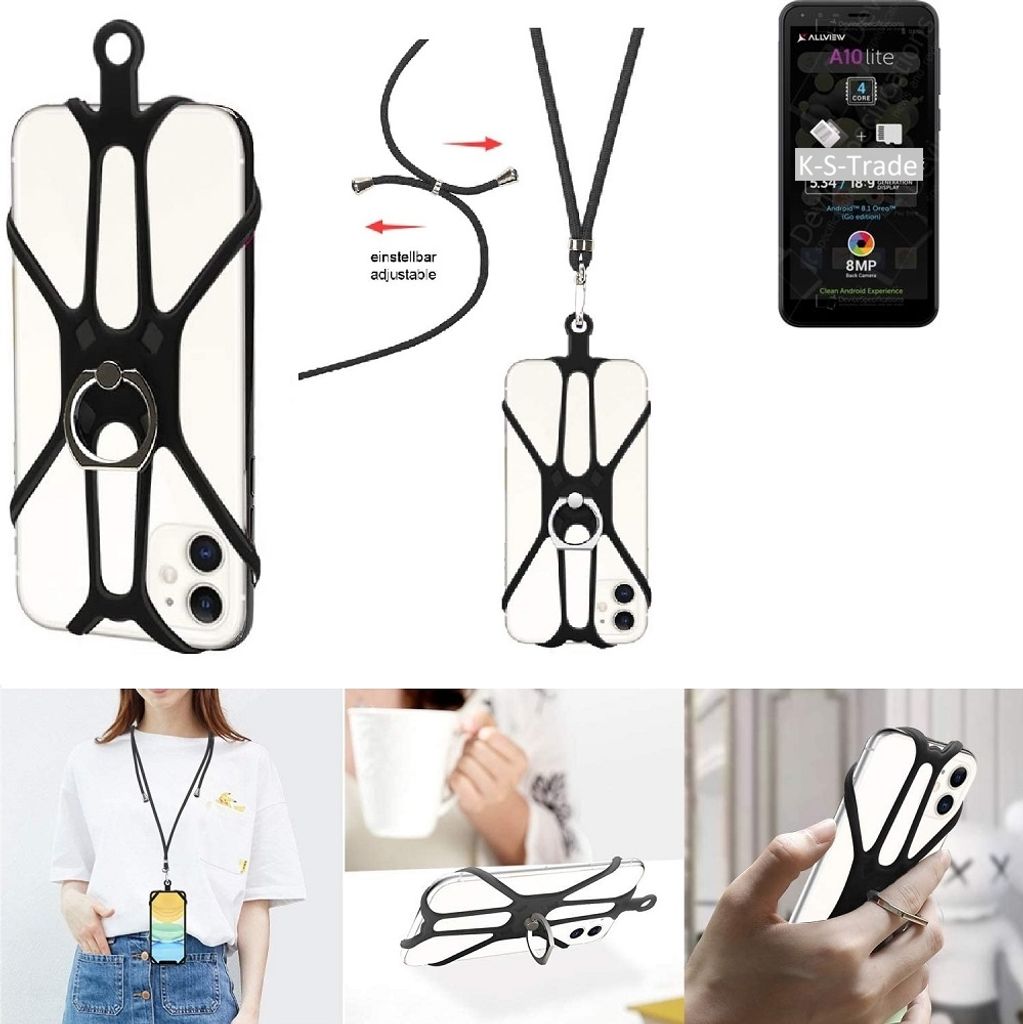 K-S-Trade 3in1 Handykette Handyband Handykordel Halsband Smartphone-Ring Handy-Ring kompatibel mit Allview A10 Lite Fingerhalterung Handyring