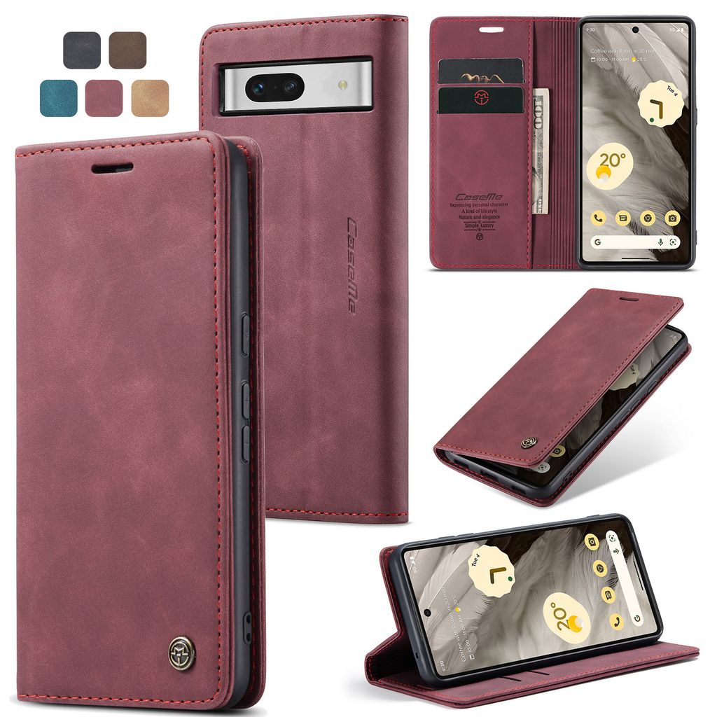 A collage of images showing a red leather flip phone case for a Google Pixel 7a, with multiple views and color options.