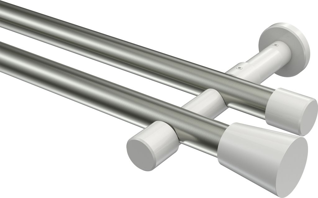 Interdeco Gardinenstange / Vorhangstange Edelstahl-Optik / Weiß, Typ Prestige Sitra (Konus) ohne Ringe, 20 mm Ø 2-läufig, 280 cm