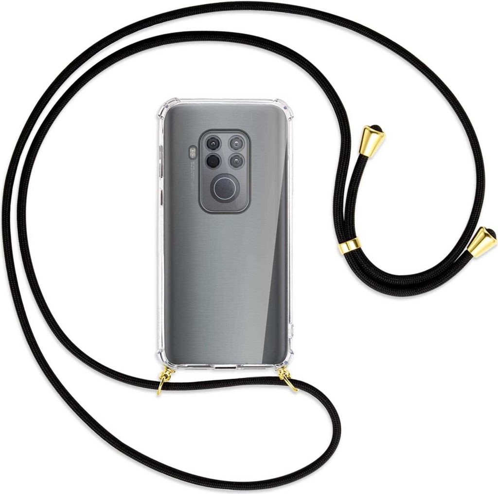 Handykette Backcover-Schutzhülle mit Band (Metall goldfarben) für Motorola One Zoom, One Pro - schwarz