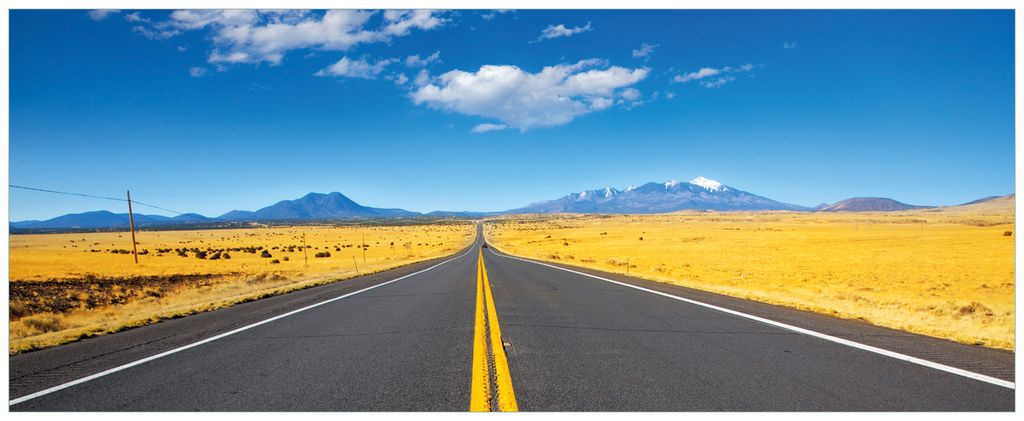 Wallario Wandbild aus Acryl, 125 x 50 cm, freischwebende Optik - Route 89 in Arizona - Am Ende der Horizont