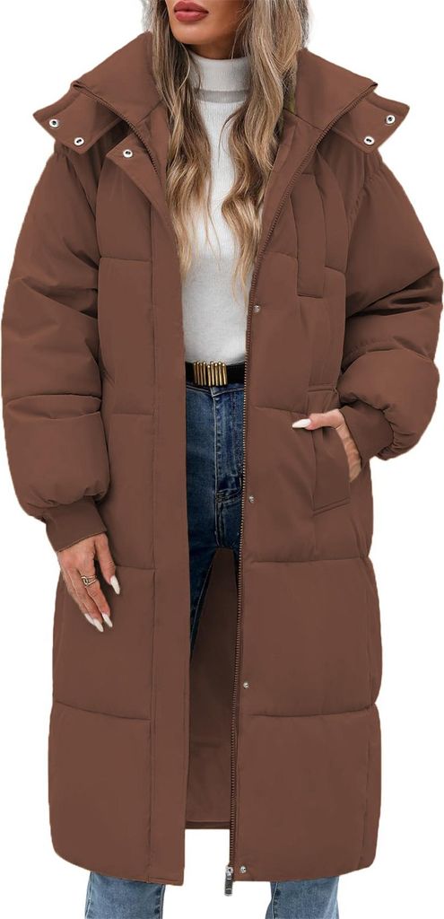 ASKSA Damen Wintermantel Lang Steppmantel Winter Daunenmantel Warmer Jacke Mantel Daunenjacke mit Kapuze (Kaffee,XL)