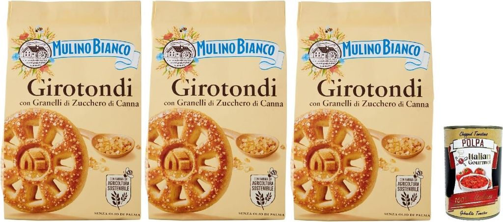 Mulino Bianco Girotondi Biscotti con Granelli di Zucchero di Canna, Kekse mit Zuckerzuckerkörnern, Ohne Palmöl, Frühstück voller Geschmack, bus...