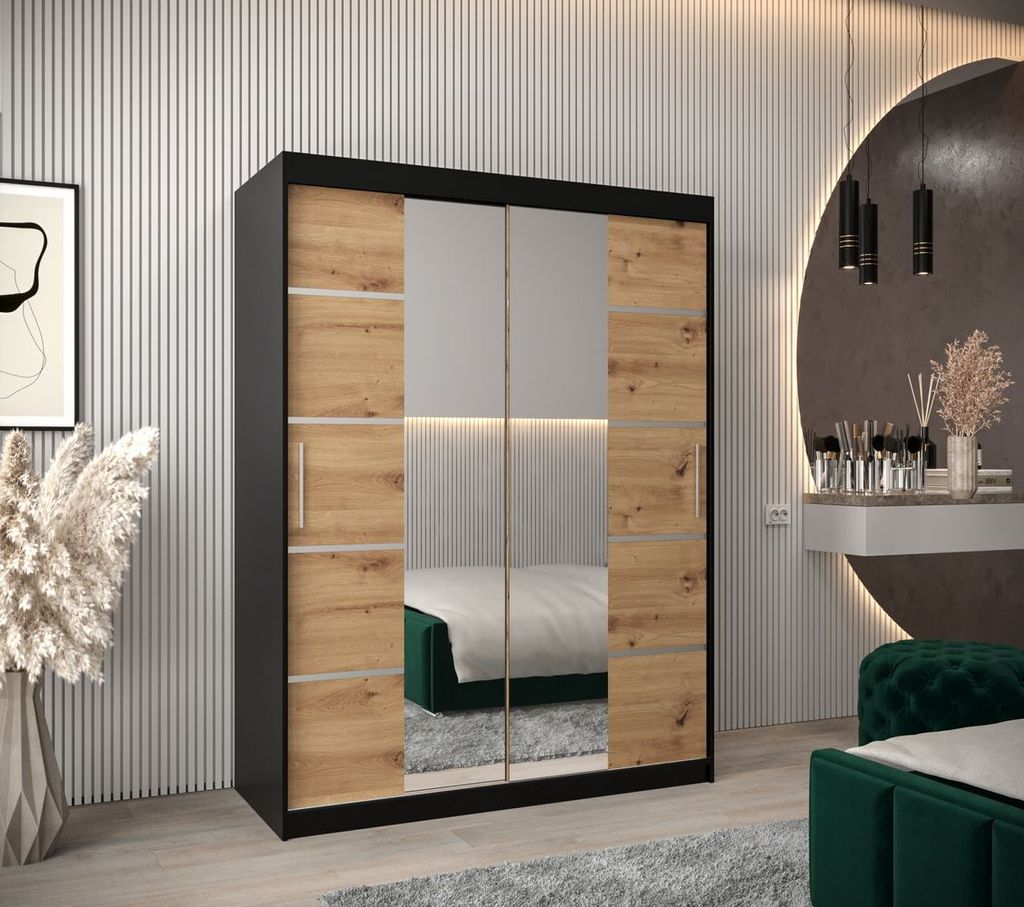 Schrank mit Spiegeln VIVIEN – Breite 150 cm, Schwarz / Eiche Artisan