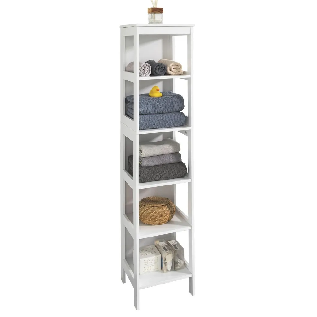 Étagère de salle de bain étroite 5 plateaux en bois blanc - 139 cm