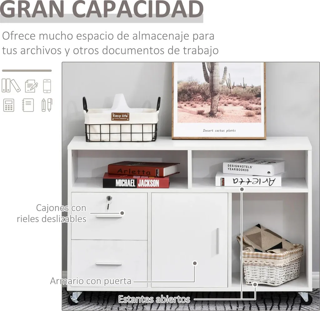 Armoire de bureau mobile 5 compartiments blanc avec tiroirs bois