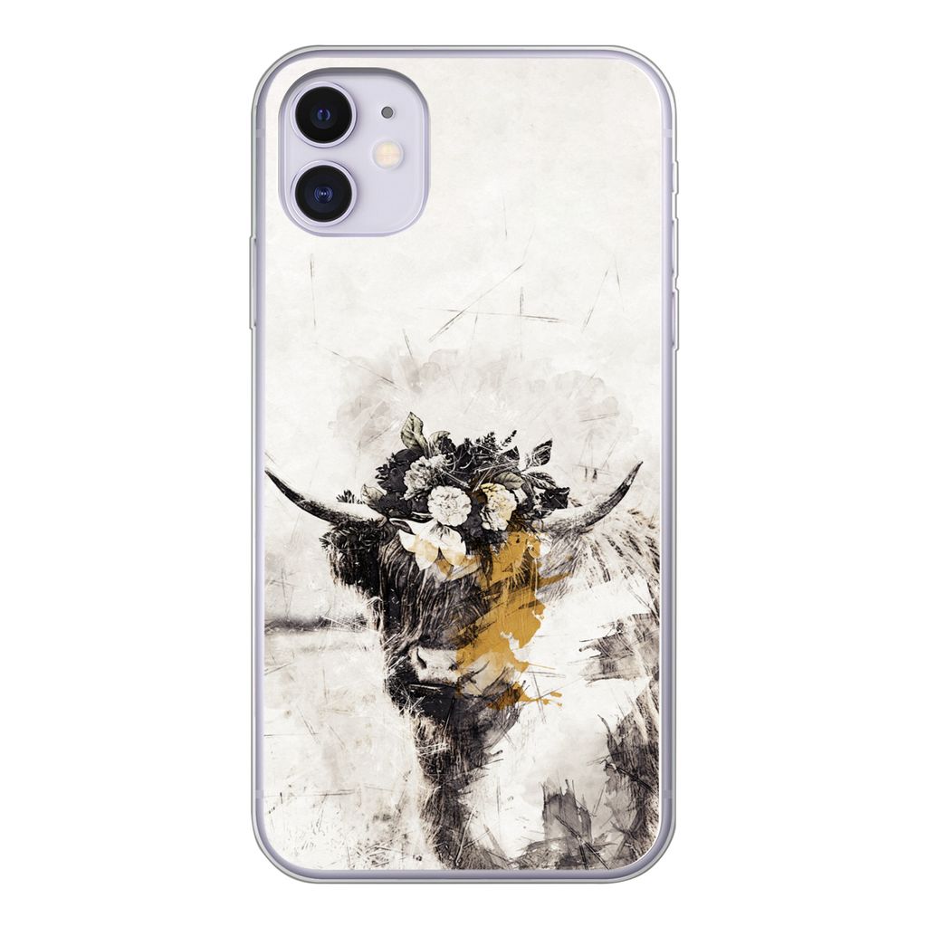 MuchoWow Handyhülle Schutzhülle Hülle für iPhone 11 Schottischer Highlander - Farbe - Blumen Silikon Softcase Handy Hülle - Handytasche