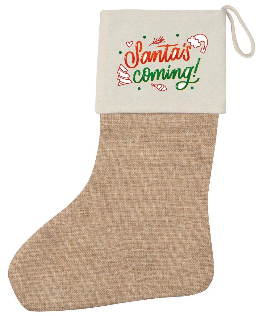 Huuraa Weihnachtsstrumpf Santa is Coming Schriftzug Beige Jute Kaminstrumpf Geschenkidee