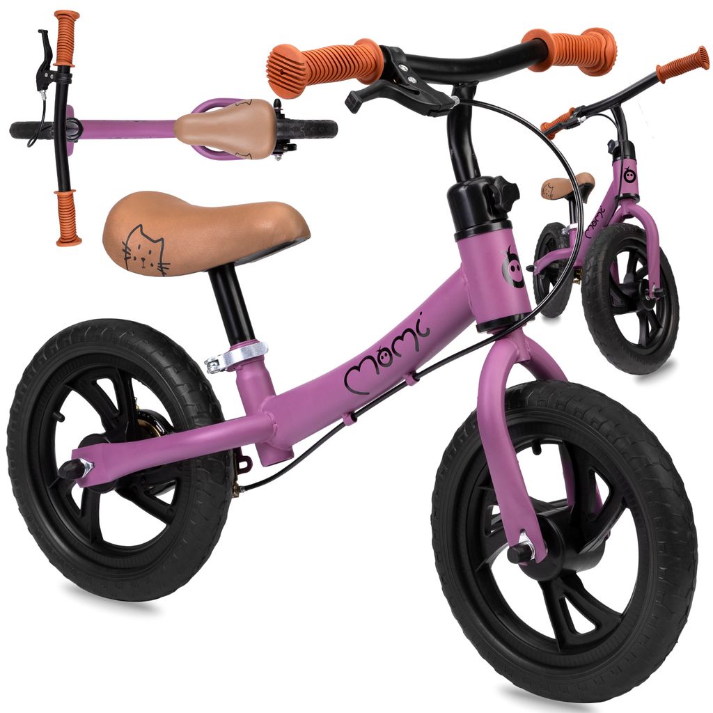 A purple balance bike with orange handlebars and a brown seat is shown from multiple angles against a white background.