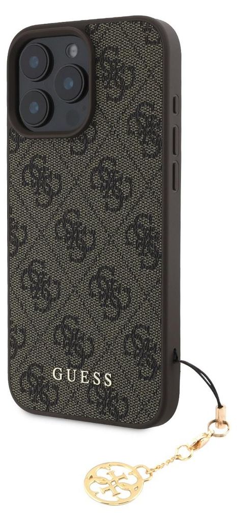 A close-up shot of a phone case with a repeating logo pattern and a charm attached.