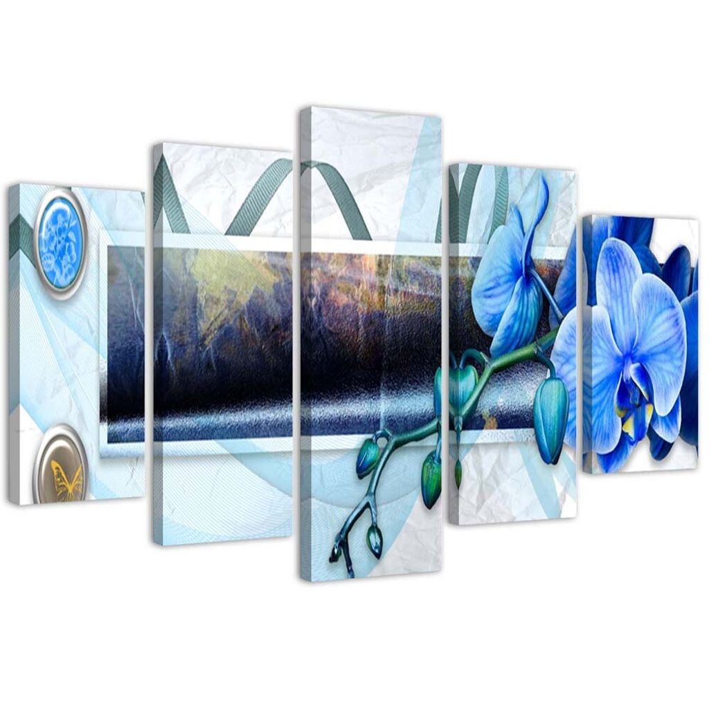5-teiliges leinwandbild komposition mit orchidee 150x100 cm Feeby blau wandbild bereit zum aufhängen
