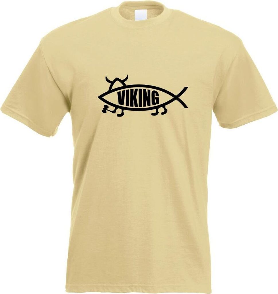 Kiwistar - T-Shirt - Khaki - Viking Fisch Motiv Bedruckt Funshirt Design Print - mit Motiv Bedruckt - Funshirt Design - Sport - Freizeit - Herren - L