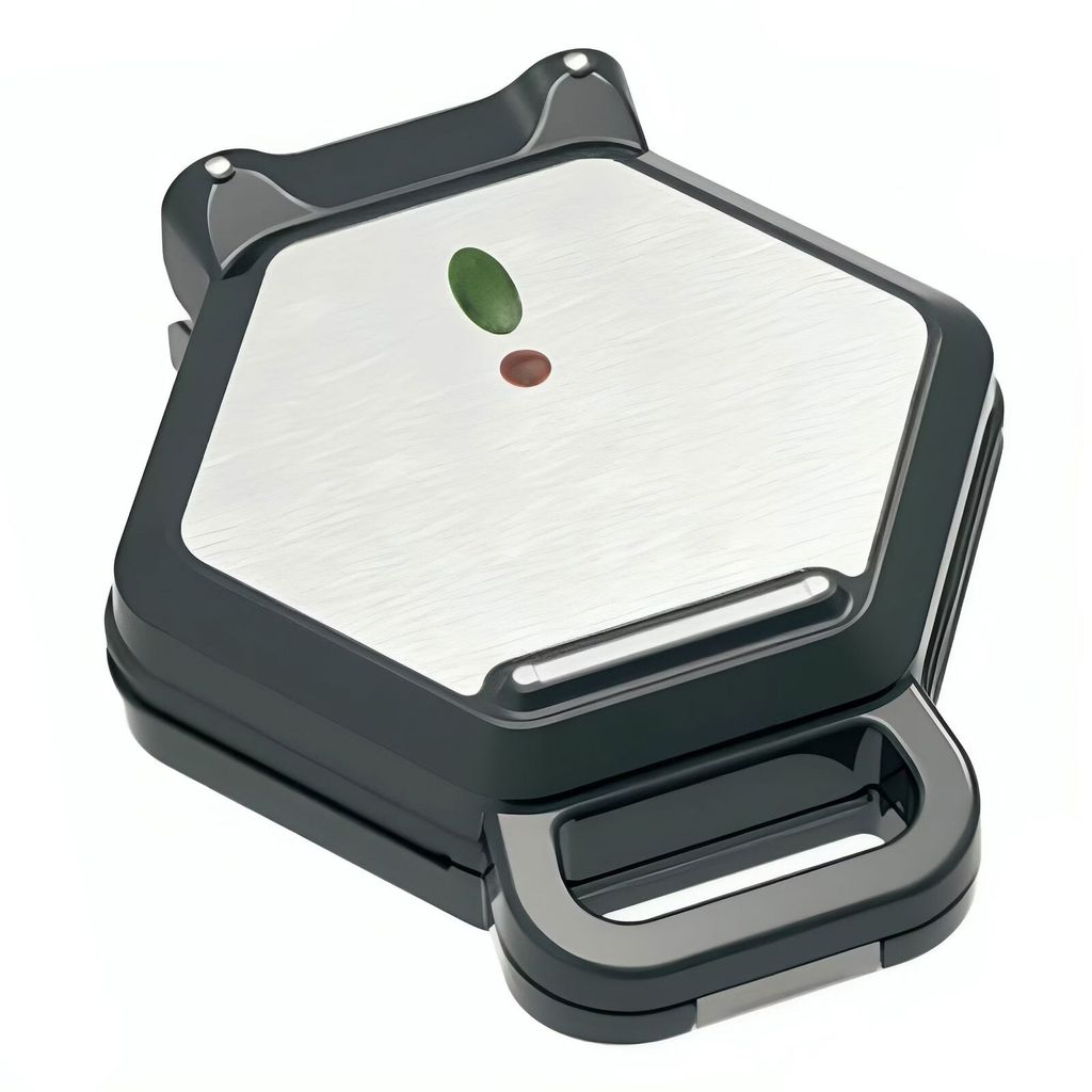 A closed waffle maker is shown from a slightly elevated diagonal angle.