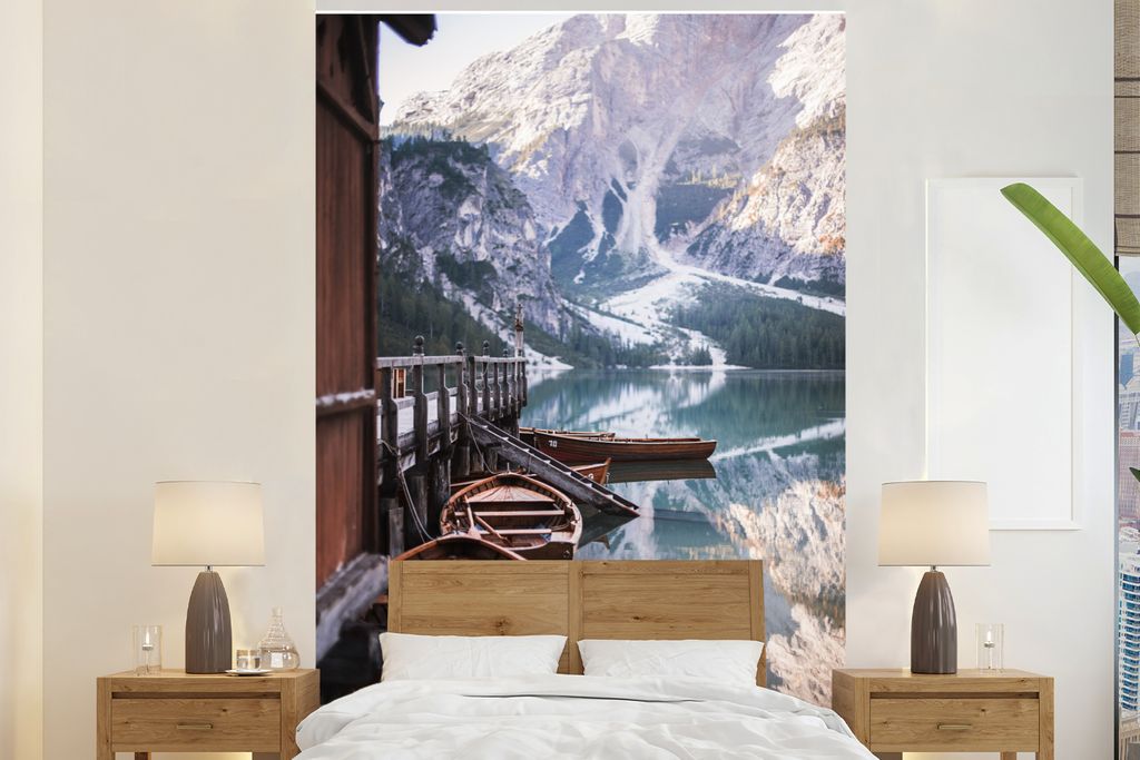 MuchoWow Fototapete für Wohnzimmer oder Schlafzimmer Wandtapete Vinyl Motivtapete Alpen - Boot - See - 200x300 cm - Wanddekorationen