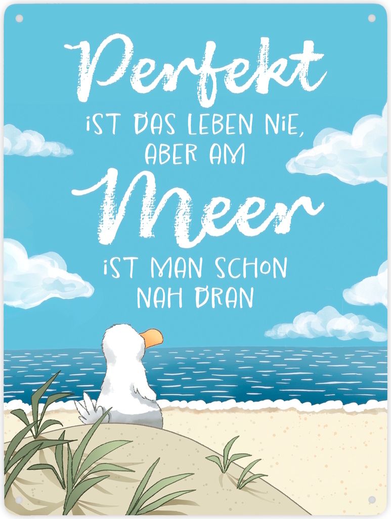 Möwe am Strand Metallschild XXL in 28x38 cm mit Spruch Leben am Meer fast