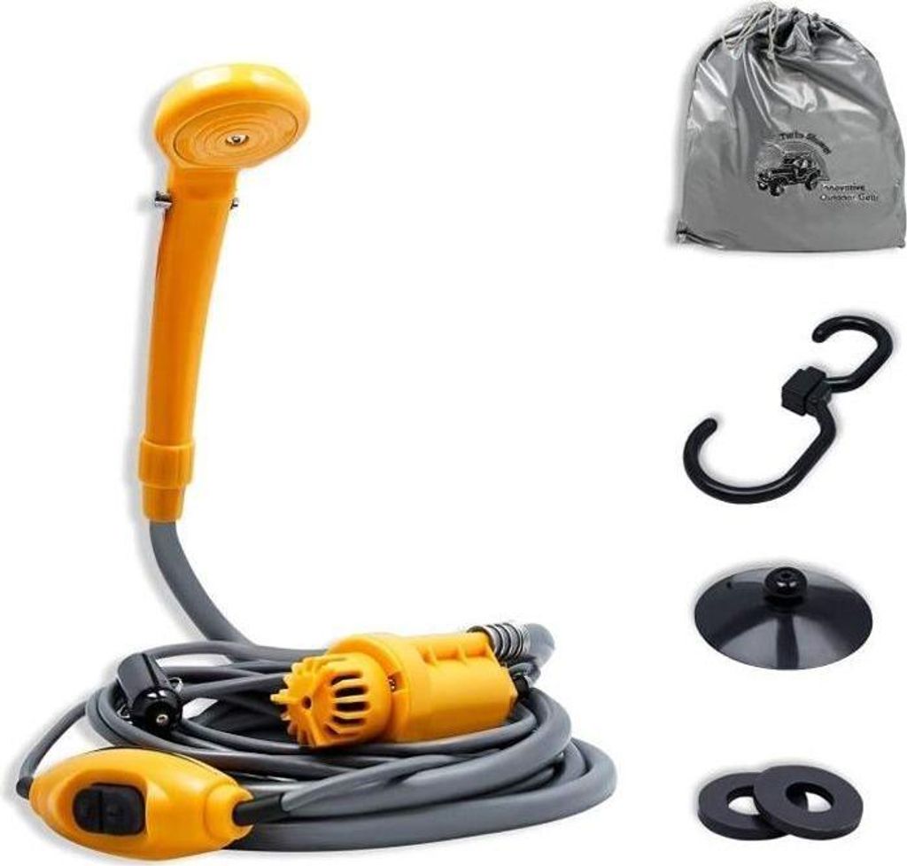 Campingdusche – Tragbar, 12 V – 2 m Schlauch – 5 m Kabel – Zubehör inklusive