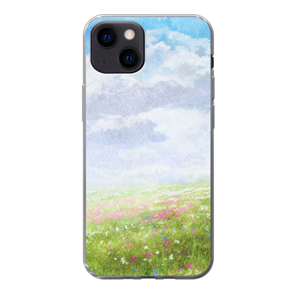 MuchoWow Handyhülle Schutzhülle Hülle für iPhone 13 mini Aquarell - Blumen - Landschaft Silikon Softcase Handy Hülle - Softcase