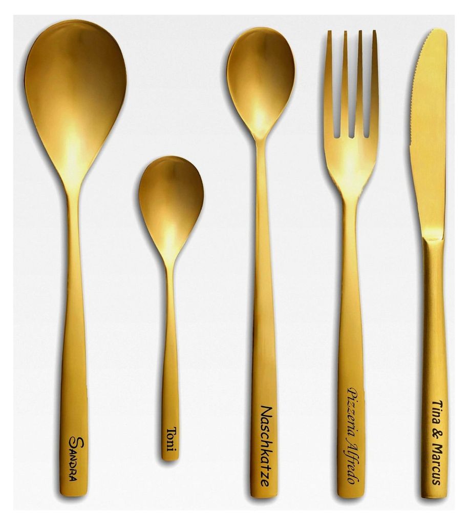 Messer, Gabel, Löffel mit individueller Gravur in Gold, personalisiert, einzeln oder im Set, Besteck mit Ihrem Namen, Geschenkidee, graviertes Taf...
