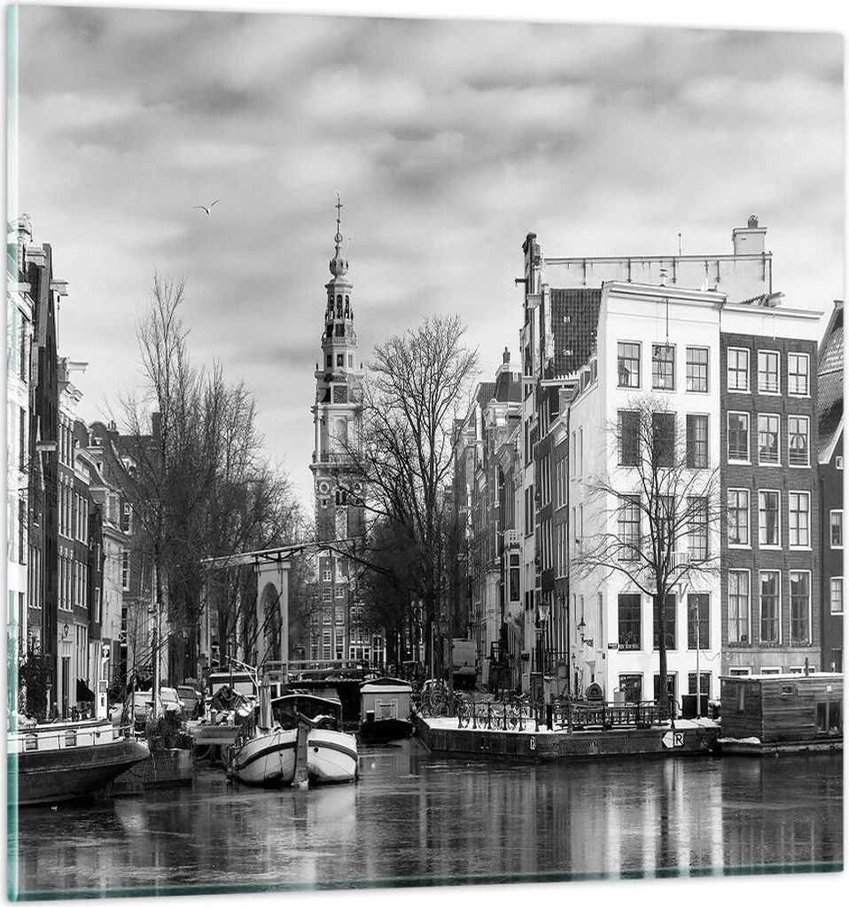 Bilder auf glas - Einteilig - Schwarzweiß Amsterdam Boote - 30x30cm - Glasbilder - Wandbilder - Bilder - Wanddekoration aus Glas - Glas Bilder - W...