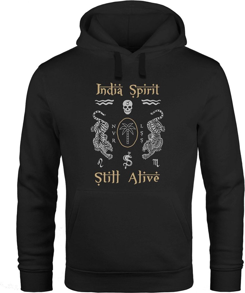 Hoodie Herren Tiger Motiv Totenkopf India Spirit Schriftzug Indien Fashion Streetstyle Kapuzen-Pullover Männer Neverless schwarz XXL