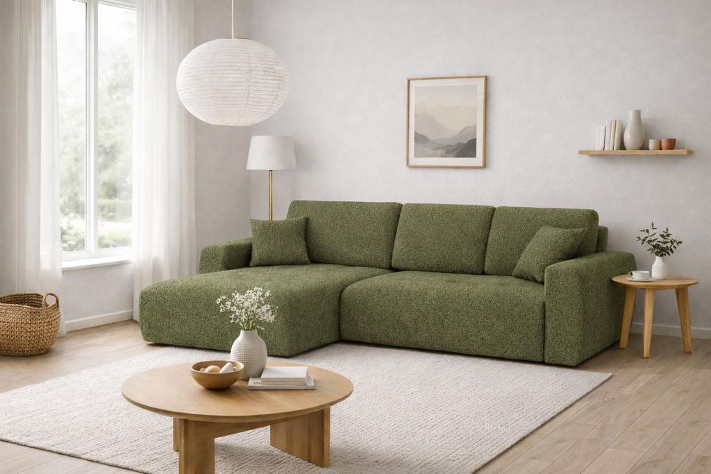 Kaiser Möbel Ecksofa mit Schlaffunktion und Bettkasten L-Form Ivo XL, Chenille-Stoff Artico, Moss, Links