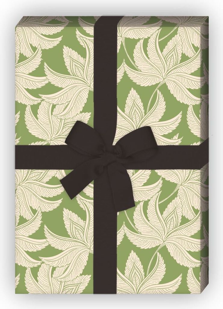 Schickes Vintage Geschenkpapier zum Einpacken mit Retro Blättern, grün - G10262, 32 x 48cm