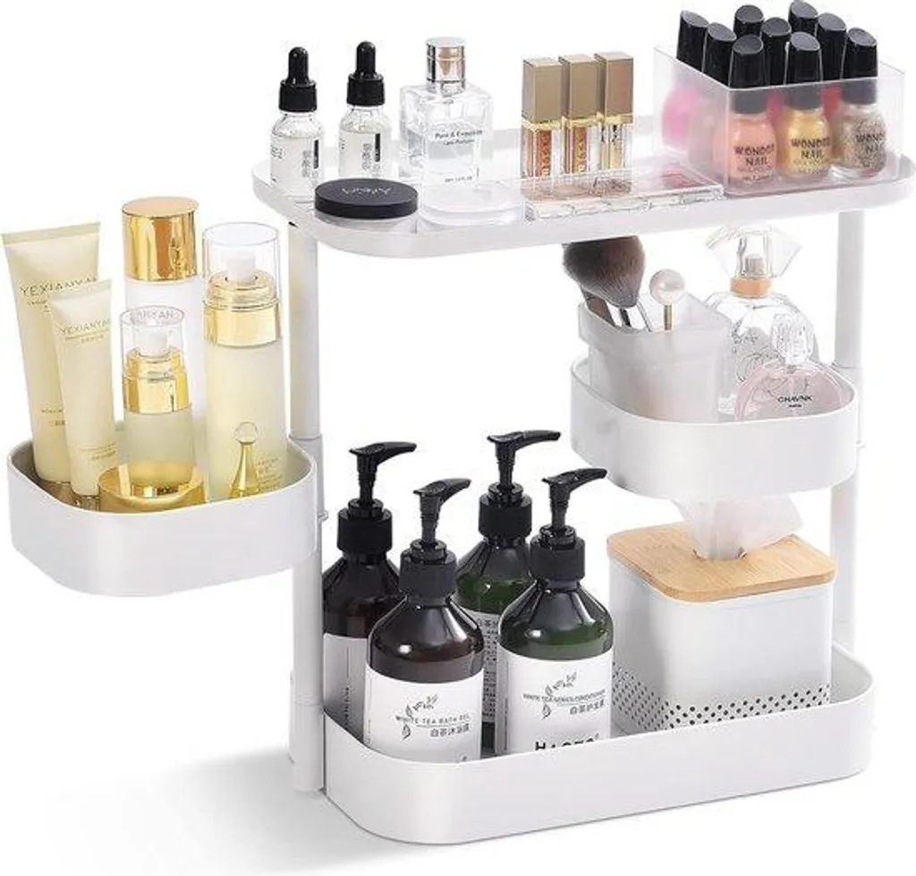 Stop au désordre : Organiseur maquillage rotatif blanc métal 3 étages