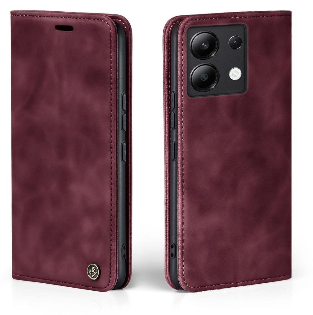 A burgundy flip case for a smartphone is shown from two angles, closed and open.