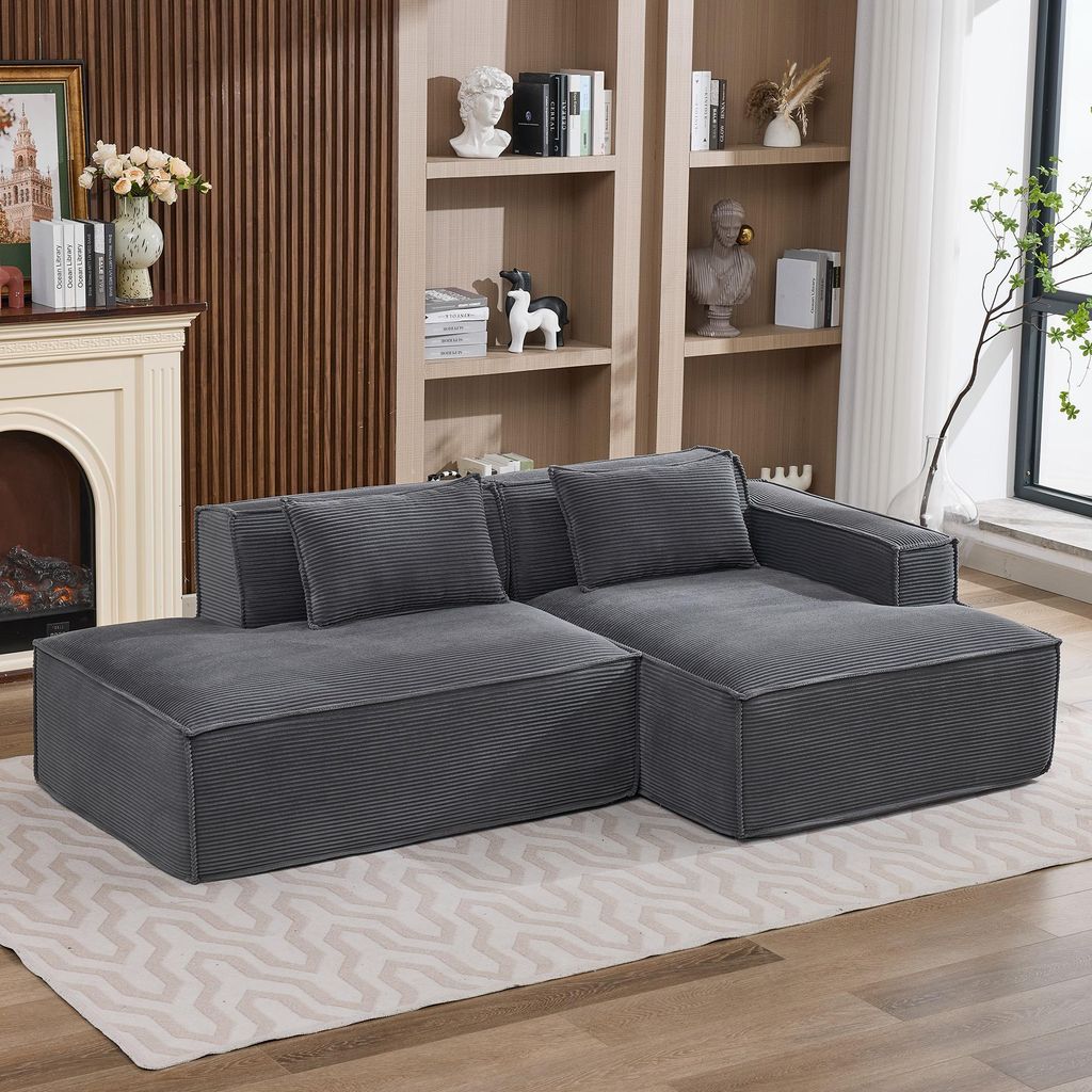 LVHOM Modulsofa Cordstoff 233cm, Bodentiefes Loungesofa 2-Sitzer mit Recamiere, Pflegeleichte Couch für Wohnzimmer, Ohne Montage, Grau