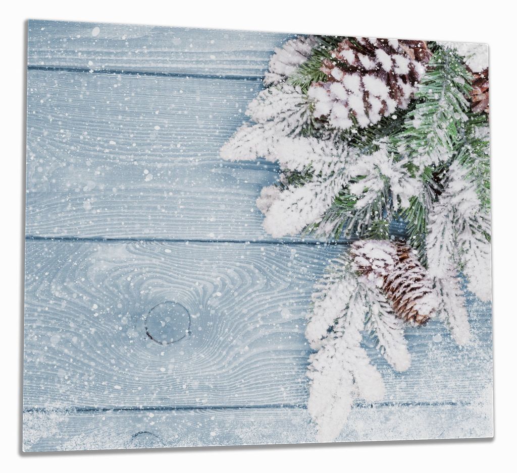 Wallario Herdabdeckplatte aus Glas, Größe 60 x 52 cm 1-teilig, Motiv Verschneite Tannenzweige auf Holz - Winterdekoration