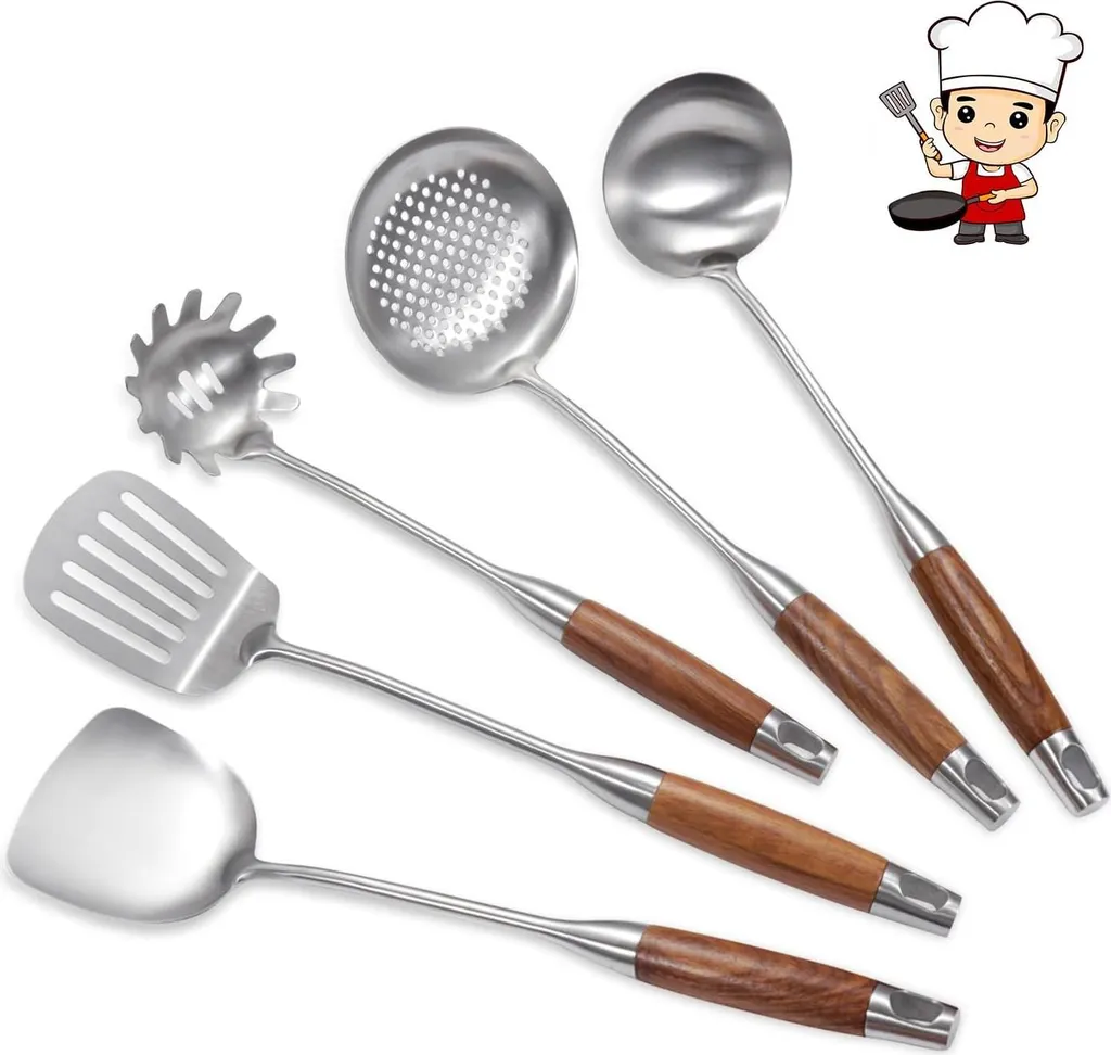 Set d'ustensiles de cuisine 5 pièces en acier inoxydable et bois naturel