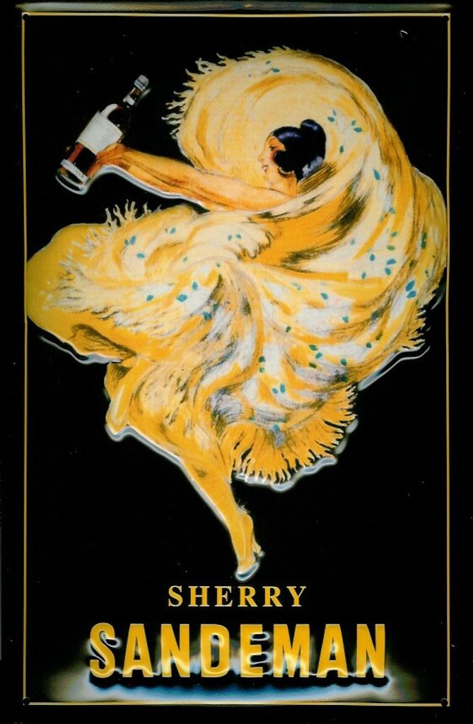 Blechschild Sandeman Sherry Tänzerin gelbes Kleid Schild Werbeschild