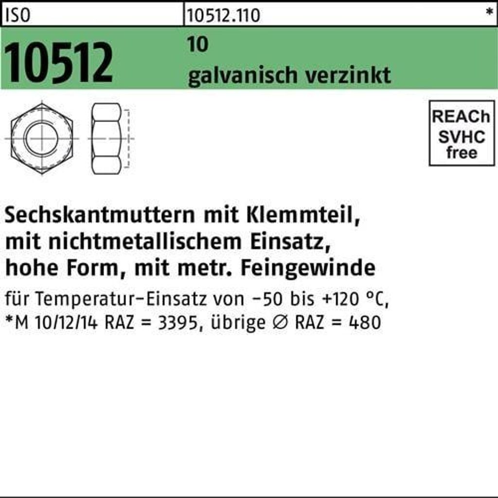 Sechskantmutter ISO 10512 m.Klemmteil M 10 x 1 10 galvanisch verzinkt