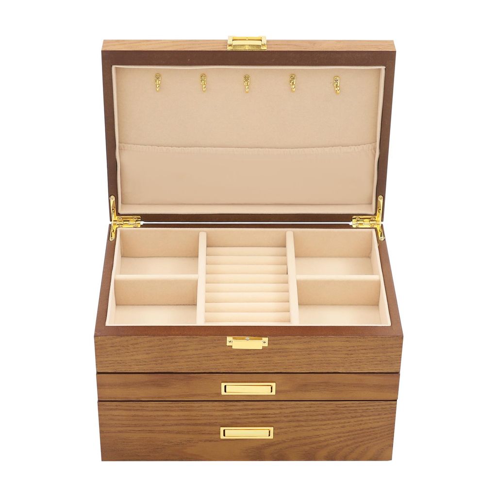 An open wooden jewelry box with multiple compartments and drawers.
