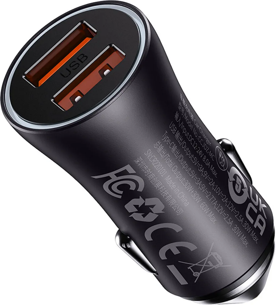 Caricatore Auto Baseus 60W U+U Grigio Scuro - Quick Charge per Due Dispositivi