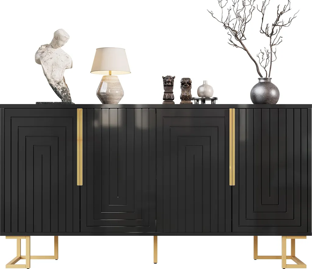 Commode Buffet Noir 152cm avec Design Géométrique et Finitions Dorées - 8