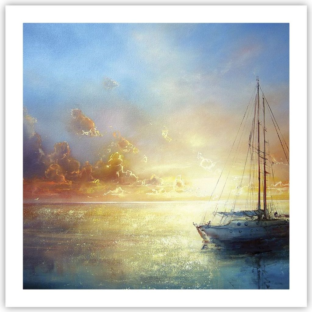 Poster - Poster ohne Rahmen - Segelboot Westen die Sonne - 60x60 cm - Wand Bild - Wanddeko - Wandbilder - Kunstposter - Wandposter - Bilder - Kunst...