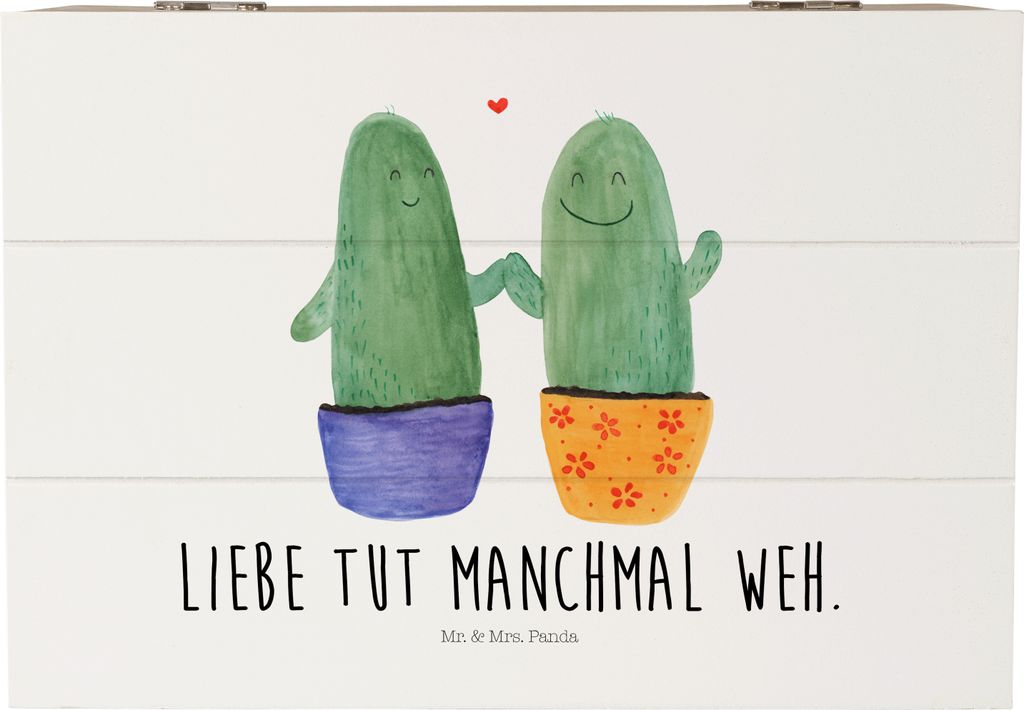 Mr. & Mrs. Panda Geschenkbox Kaktus Liebe 22 x 15 cm - Weiß - Geschenk, Hochzeit, Love, holzschachtel, Kakteen, Streit, schatztruhe, Box, Schatull...