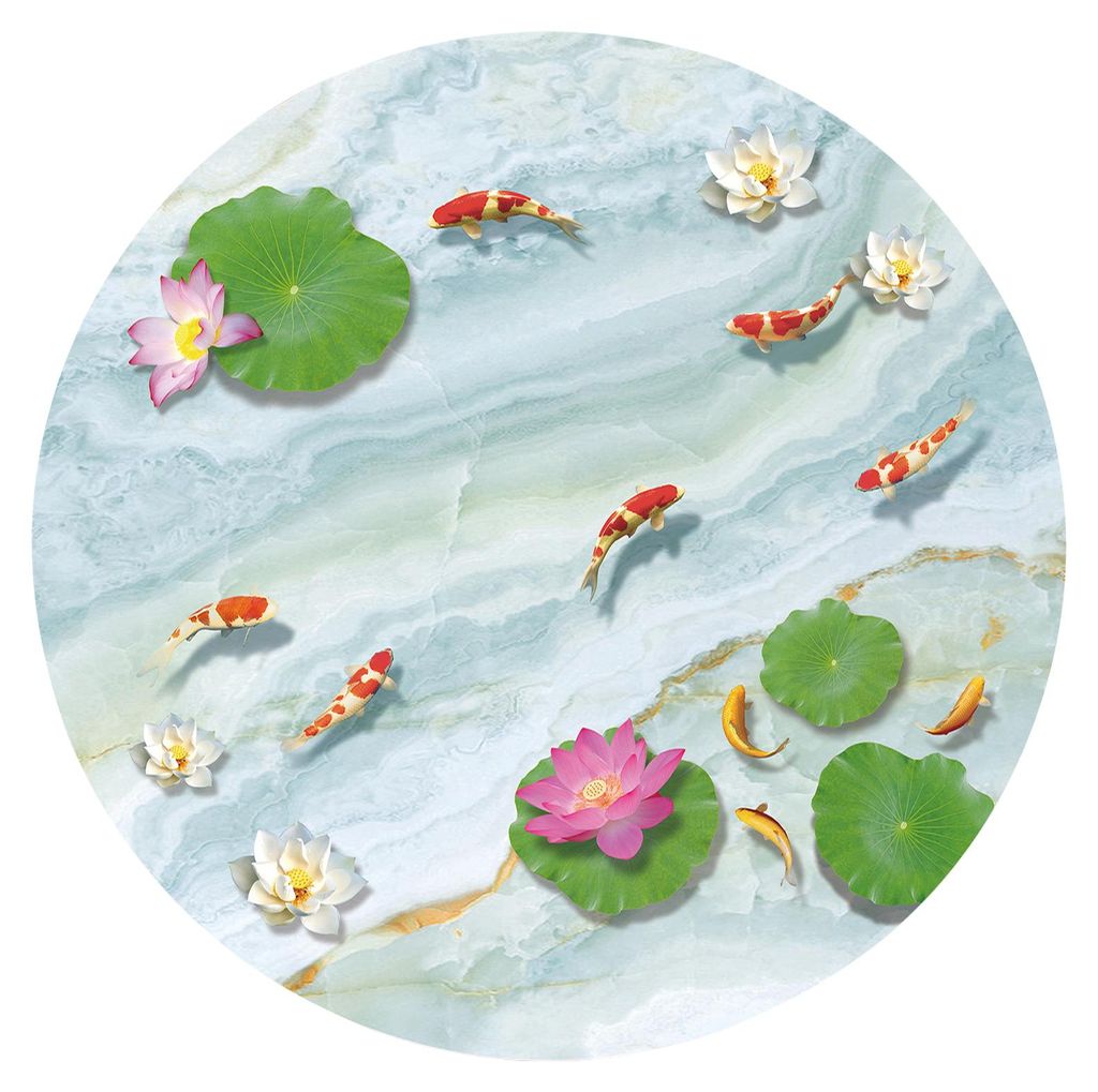 Wasserdichte runde Tischdecke aus PVC, ölbeständig, mit Lotusblatt- und Fischmotiv, Tischschutz für Terrasse, Picknick, Party, drinnen und draußen