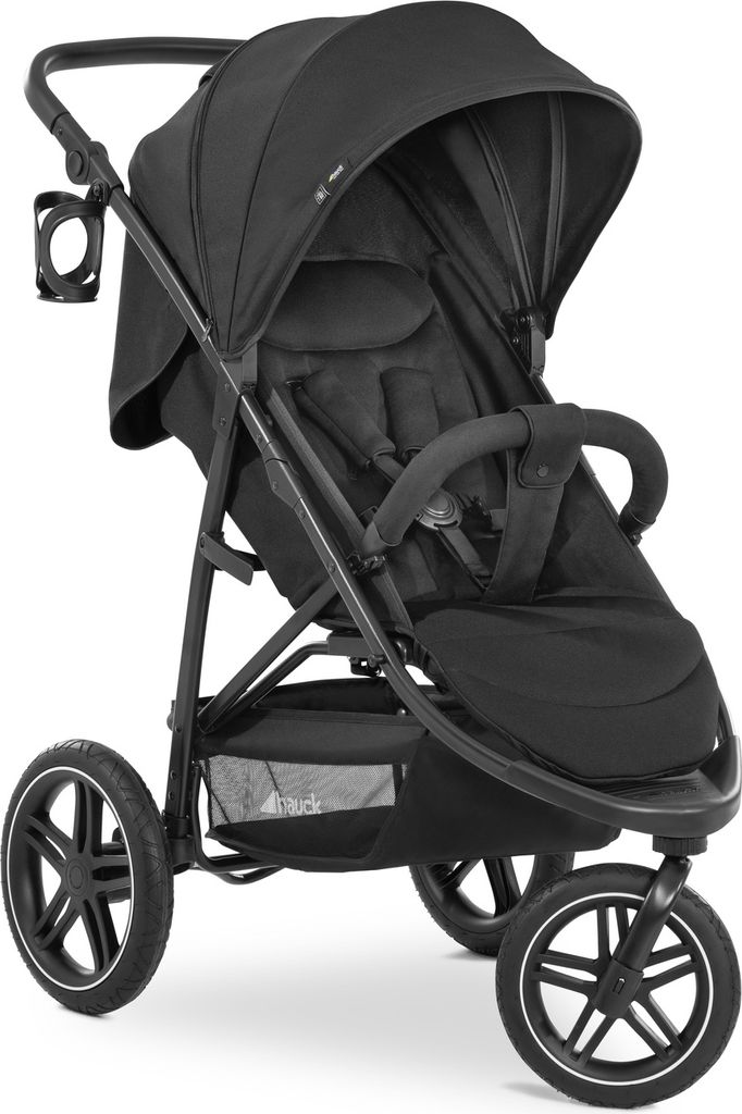 A black stroller is shown against a white background.